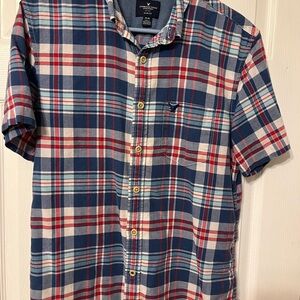 American Eagle Outfitters Red and Blue Casual Button Down Shirt | EUC | MED